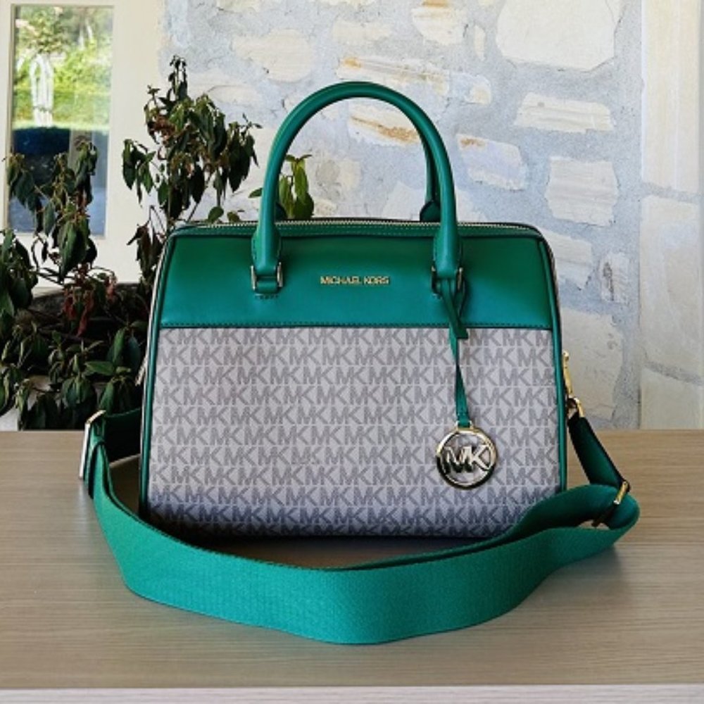 Michael Kors MEDIUM Travel DUFFLE Bag Satchel Leather/Coated Palmetto Green NWT
